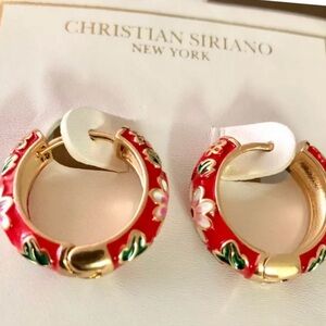 Christian Siriano Red Enamel Gold Tone Flower Design Dainty Hoop Earrings NWT